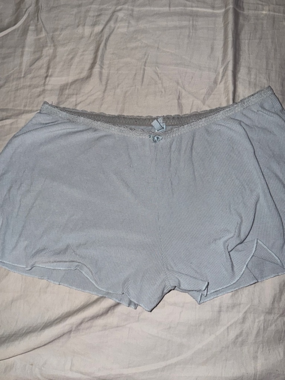 SKIMS Light Blue Ribbed Lace-Trim Sleep Shorts